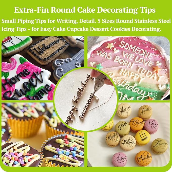 Suuker Extra-Fine Round Piping Tips Set, 5 Pieces Stainless Steel Small Icing Tips Cake Decorating Tip Piping Nozzles, Cake Writing Tool for Easy Cake Cupcake Dessert Cookies Decorating