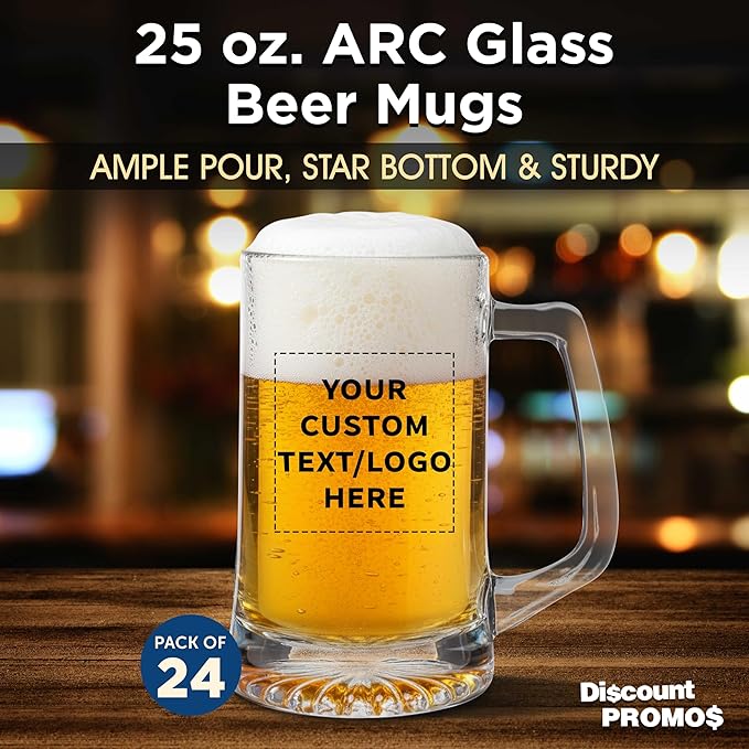 DISCOUNT PROMOS Custom ARC Glass Beer Mugs 25 oz. Set of 24, Personalized Bulk Pack - Great for Octoberfest, Pub, Restaurant - Clear