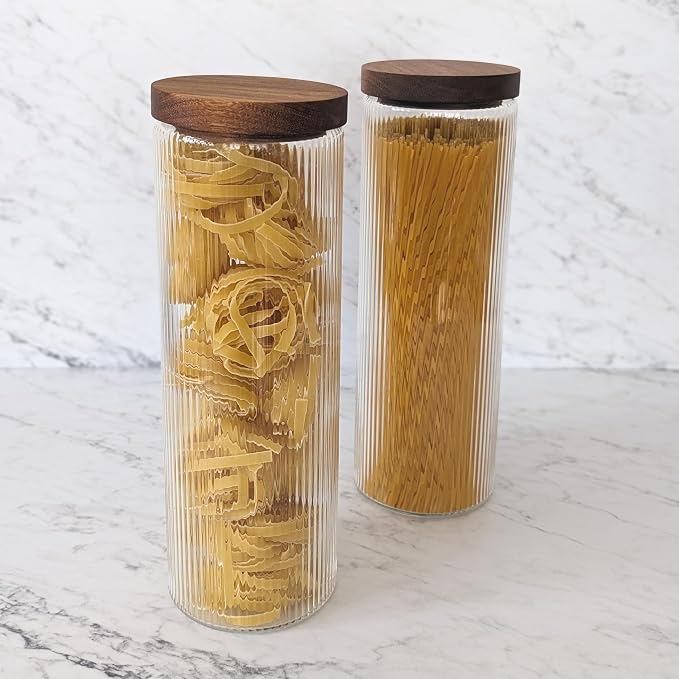 Mason & Fable Ribbed Glass Canisters or Spaghetti Jars with Airtight Wood Lid- Tall Storage Containers for Pasta, Cereal or Flour -Ideal for Kitchen/Pantry Organization - 60 fl.oz, Set of 2 - Image 2