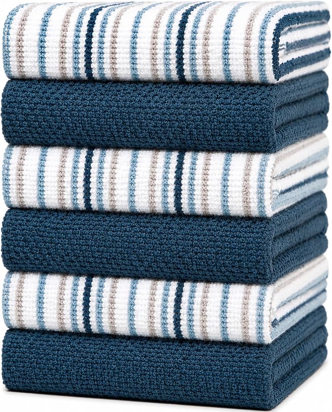 Bumble Kitchen Towels 6 Pack 100% Cotton 16"x26" - Blue | 430 GSM Soft Kitchen Hand Towels with Hanging Loop, Highly Absorbent & Durable for Washing and Drying Dishes by BumbleTowels