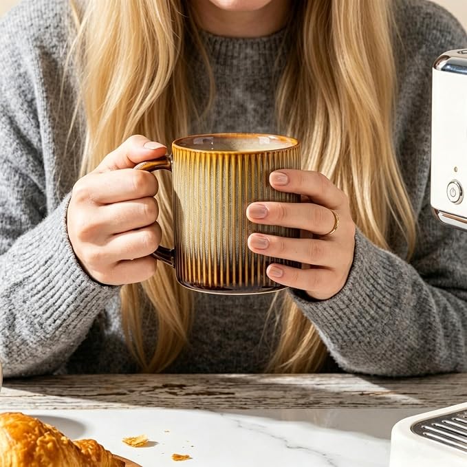 theterra Ceramic Coffee Mugs Set of 6, 14.2 oz Coffee Cups with Handle | Handmade, Suitable for Latte, Tea, Milk, Beer & Hot Cocoa, Creamy Amber - Image 7