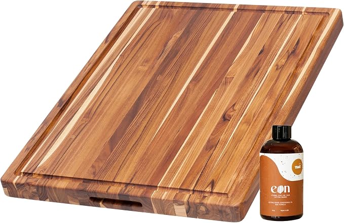 Teakhaus Carving Board and EON Cutting Board Oil Set - Extra Large (XL) Teak Wood Cutting Board with Juice Groove & Food-Grade Mineral Oil - 24”L x 18”W x 1.5” Thick - FSC Certified by TEAKHAUS