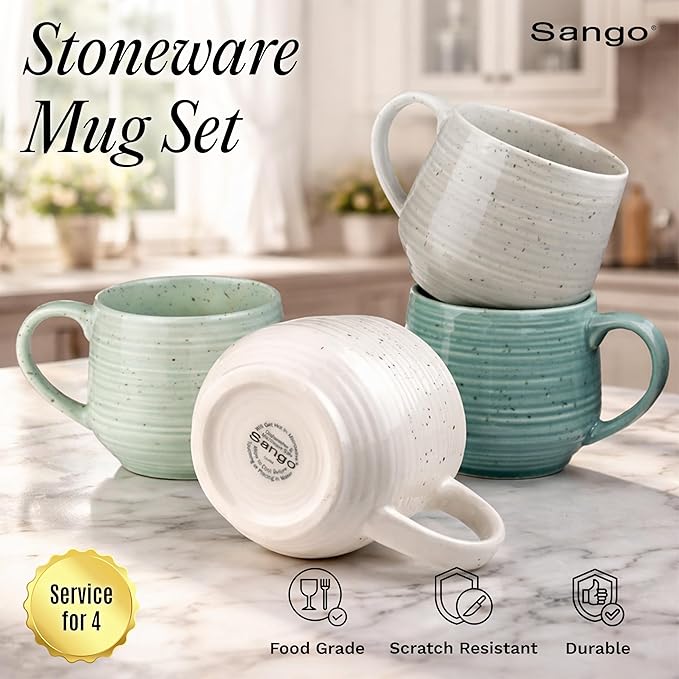 Sango Siterra Artist's Blend 17 oz. Stoneware Mug Set- Service for 4, Rustic Design, Green/White/Beige, Scratch-Resistant, Microwave & Dishwasher Safe, for Everyday Dining & Entertainment - Image 2