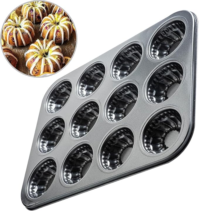 Mini Bndt Cake Pan 2 Pack, Nonstick Brownie Bowl Pan 12-Cavity Fluted Small Round Cake Tray Shortcake Pan Mold for Fall Baking Thanksgiving Muffin Bavarois, Carbon Steel Cake Pan - Image 3