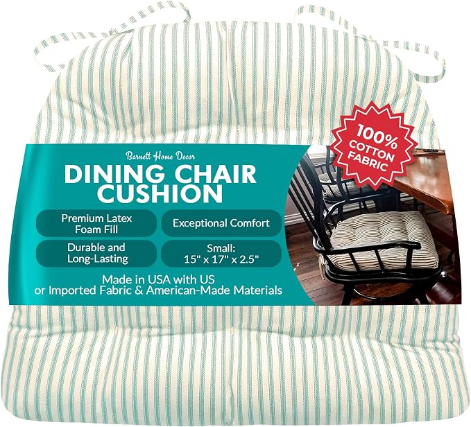 Barnett Home Decor Ticking Stripe Aqua Dining Chair Pad with Ties - 15 x 17 Size Small Chair Cushion - Latex Foam Fill - Machine Washable, Reversible, 100% Cotton, Made in USA (Turquoise) by BarnettHomeDecor