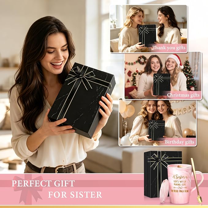 Sister Birthday Gifts from Sisters, A Sister Is God's Way Of Making Sure We Never Walk Alone Mug, Christmas Mothers Day Gifts for Sisters, 14 oz Pink Marble Gold Print Coffee Mug with Gift Box - Image 8