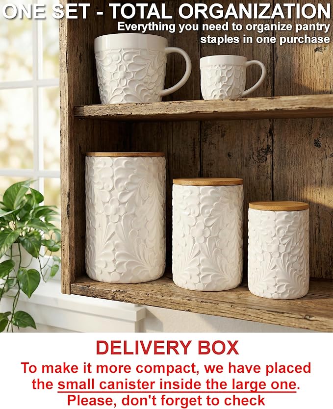 Engraved Design Kitchen Canisters Set of 3 with 74 Oz, 36 Oz, and 18 Oz - White Storage Jars for Countertop with Airtight Bamboo Lids - Large Flour Tea Coffee Sugar Spices Container - Decorative - Image 7