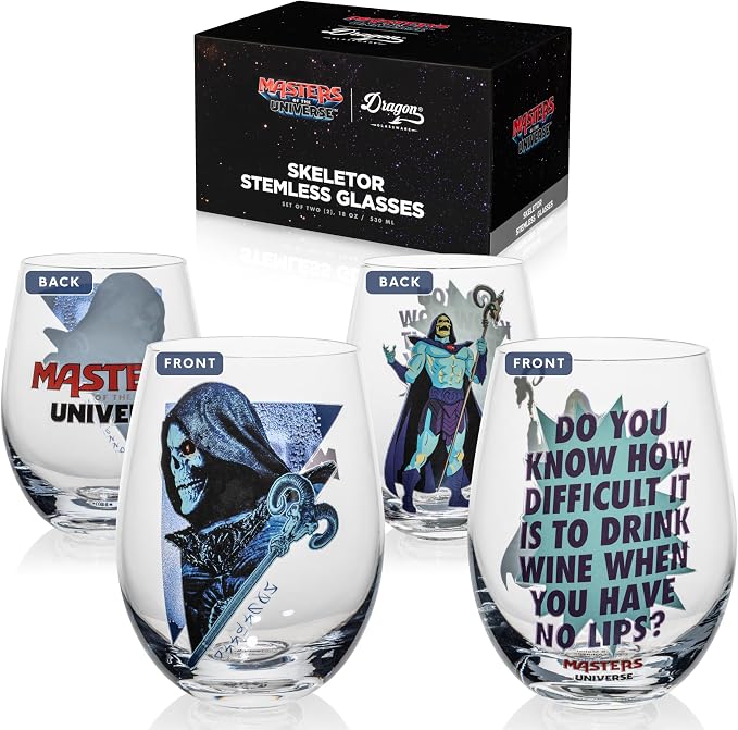 Dragon Glassware x Masters of the Universe Skeletor Wine Glasses, 18 oz | Stemless Wine Glasses Set of 2; MOTU Wine Glass Tumblers; Official Masters of the Universe 2026 Movie Merch by DragonGlassware