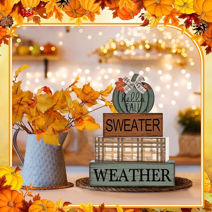 Moucuny 4 Pcs Thanksgiving Pumpkin Decor Fall Decorations for Home Thanksgiving Table Centerpiece Pumpkin Tiered Tray Decor Rustic Decorative Block Signs Farmhouse for Harvest Party Table Kitchen Home - Image 4