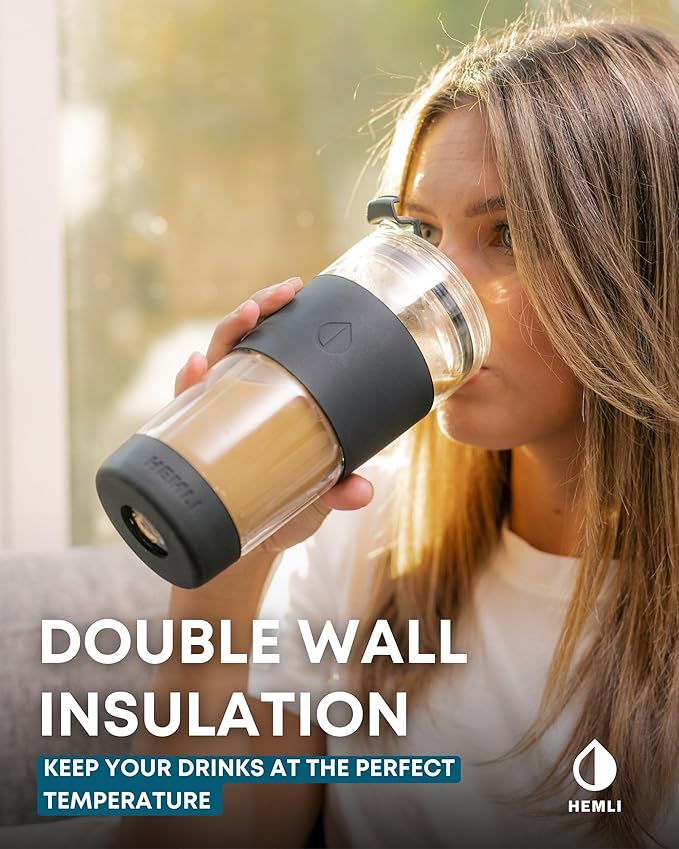 19 oz. Double Wall Glass Coffee Tumbler, To Go Travel Mug with Lid, Portable Glass Thermos with Straw, Reusable Cup, Tea, Smoothies, Ice Coffee, and Boba