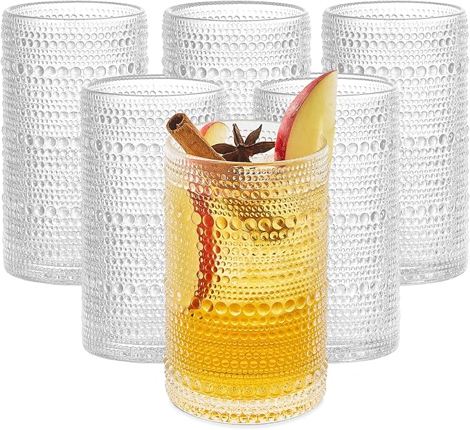 16 Oz Hobnail Drinking Glasses Set of 6 - Clear Multipurpose Glassware Sets, Decorative & Stylish Glasses Drinking Set for Bar, Kitchen, Cocktail Glassware, Garden - Home, Dining, & Kitchen by Florvani