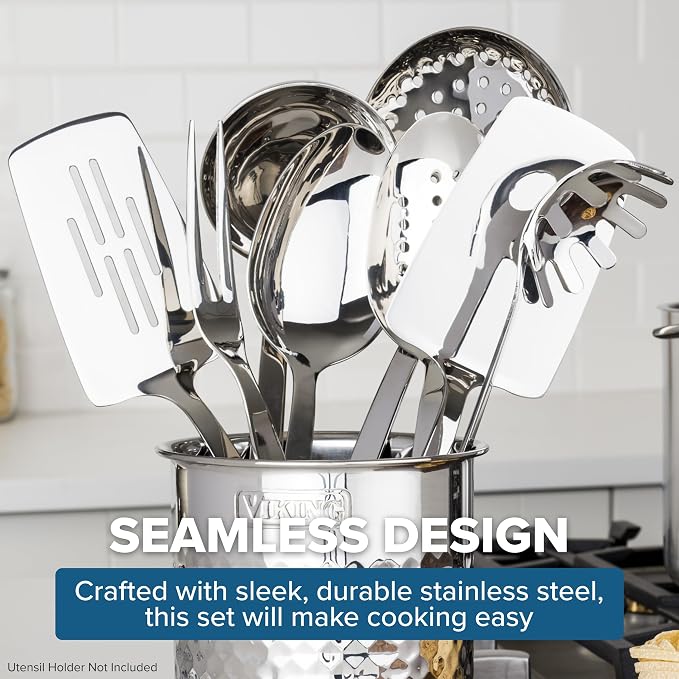 Viking Kitchen Utensils Set, 8 Piece Stainless Steel Cooking Utensil Set, Includes Spatulas, Spoons, Pasta Fork, Deep Ladle, Meat Fork, and Skimmer, Silver - Image 5