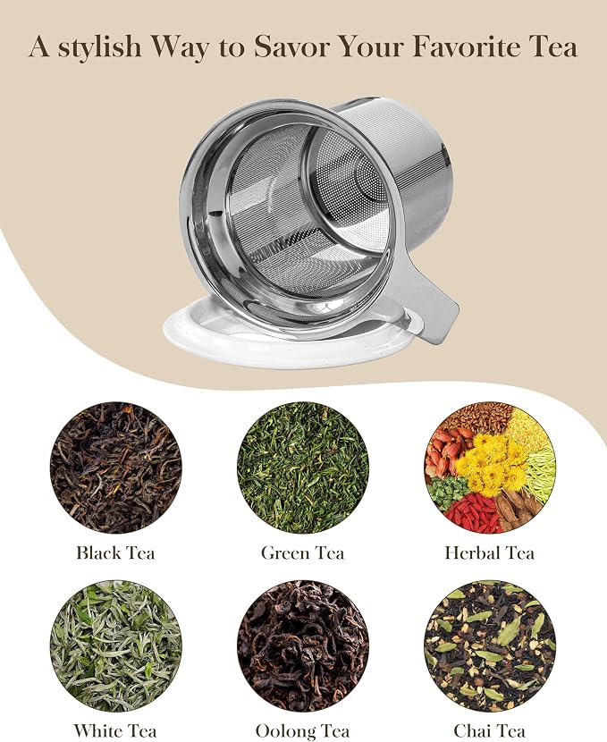 MALACASA Ceramic Tea Mug with Lid and Stainless Steel Infuser, 18 oz Large Tea Cup for Loose Leaf Tea, Heat-Resistant, Microwave & Dishwasher Safe, Speckled Glaze Coffee & Tea Brewer Mug, Khaki White - Image 7