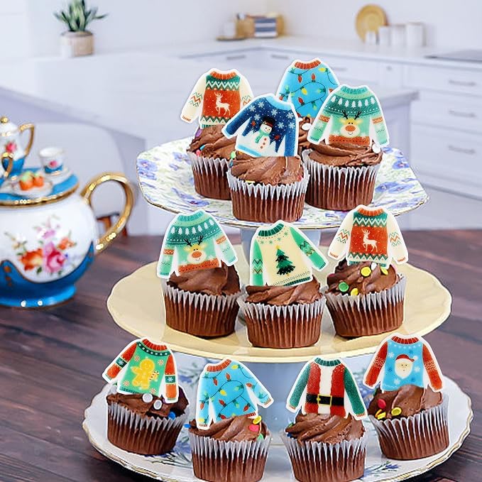 40PCS Edible Ugly Sweater Cupcake Toppers Wafer Paper Christmas Cupcake Toppers Picks Merry Christmas Theme Holiday Baby Shower Birthday Party Cake Decorations Supplies - Image 3