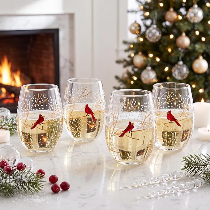 Yungyan 4 Pack Christmas Stemless Wine Glasses, 15 oz Hand Painted Holiday Drinking Tumblers with Cardinal & Snowy Tree Branch Design, Festive Winter Glassware for Xmas Party, Cabin, Home Decor by Yungyan