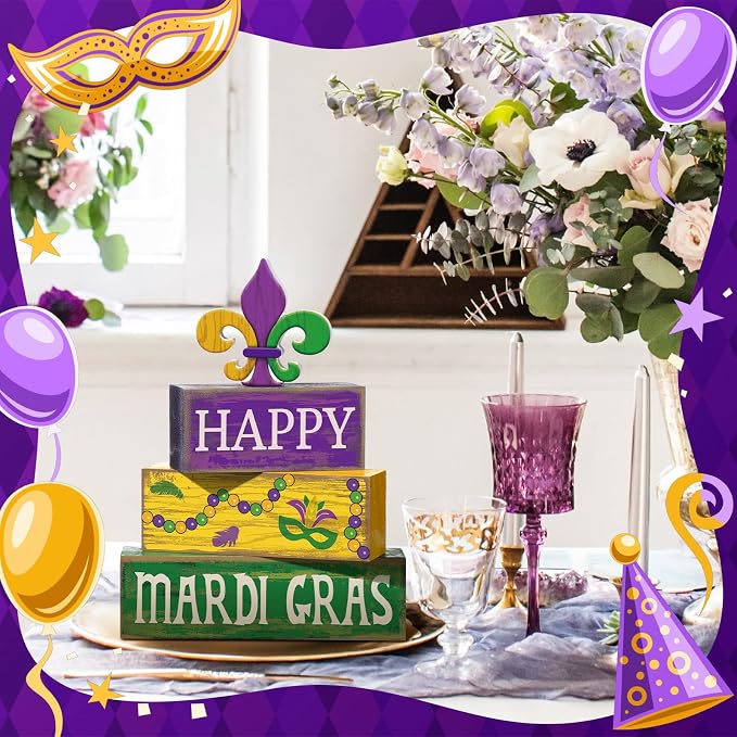 Moucuny 4 Pcs Mardi Gras Decorations Mardi Gras Wooden Sign Carnival Table Centerpiece Carnival Tiered Tray Decor Decorative Faux Book Stack Block for Masquerade Party Fireplace Mantel Shelf - Image 4