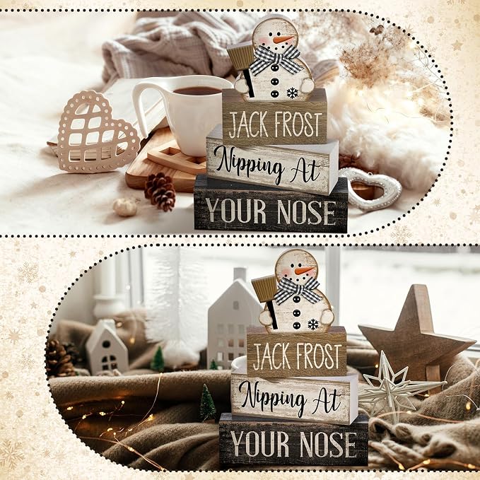 Moucuny 4 Pcs Christmas Table Decor Wooden Snowman Black and White Winter Tiered Tray Decor Rustic Decorative Snowman Block Sign Gifts Christmas Centerpiece Rustic Winter Decorations for Home Kitchen - Image 6