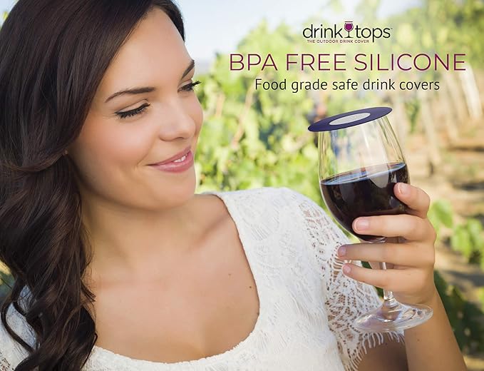 Drink Tops Ventilated Silicone Wine Glass Covers - Weighted Cover with Screen Allows Wine to Breathe - Outdoor Wine Glass Covers to Keep Particles Out - BPA Free - 4pk