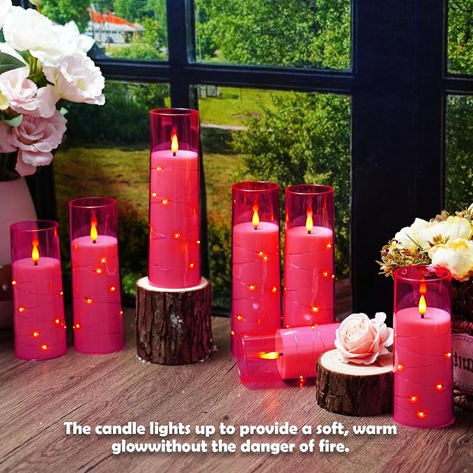 Sasigeiaa Flameless Candles with Embedded Star String - Battery Operated LED Candles, with Remote,12 Pink Flickering Candles for Christmas, Weddings, Home Decor & Party,(D 2.3"×H 5" 6" 7") - Image 5