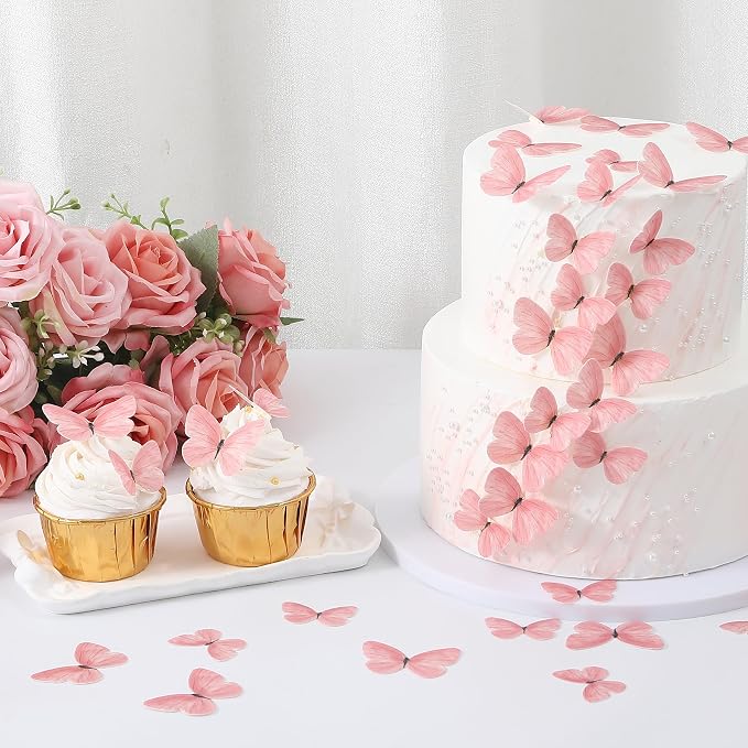 58Pcs Pink Edible Butterflies Cake Toppers Cake Cupcake Decoration | Wafer Glutinous Paper Butterfly Colorful Small Pastel Cupcake Topper Decoratings for Wedding Birthday Baby Shower(Mix Size) - Image 5