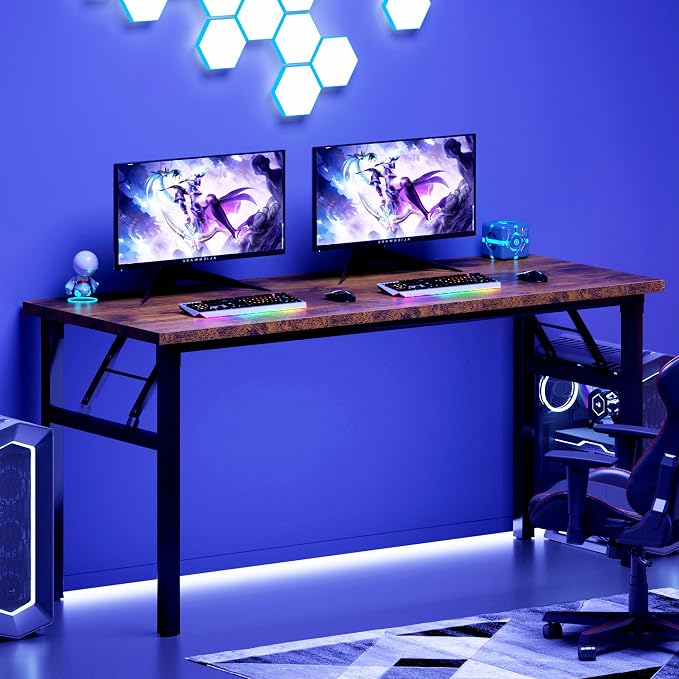 DlandHome 62 Inch Large Folding Computer Desk, Fully Assembled, Retro | Foldable Writing Table for Bedroom Dorm, Conference Table for Home Office, Wood Top Metal Frame, Collapsible Easy Storage - Image 7