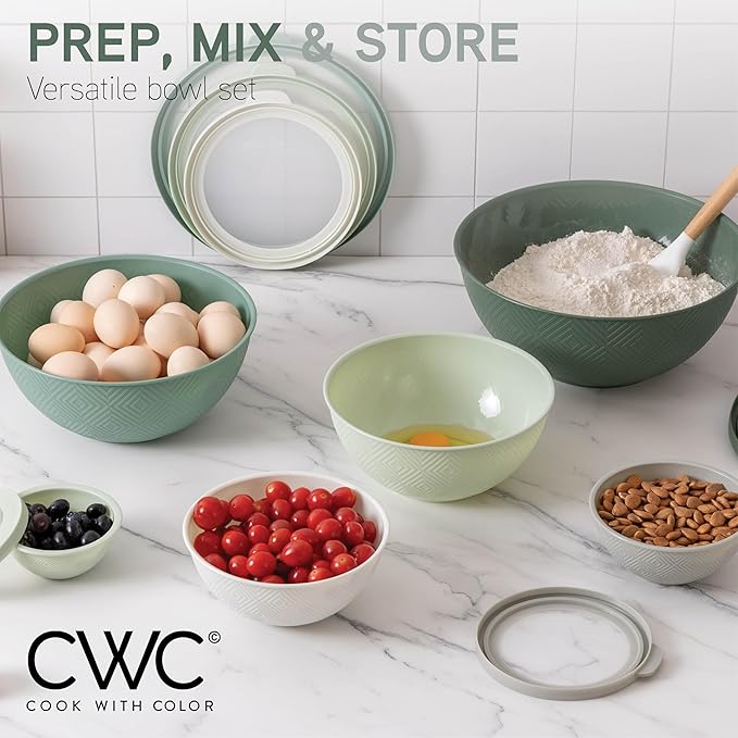 COOK WITH COLOR Mixing Bowls with Lids - 12 Piece Plastic Nesting Bowls Set includes 6 Prep Bowls and 6 Lids, Rhombus Design - Microwave Safe (Sage)