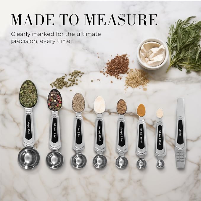 Styled Settings Stainless Steel Magnetic Measuring Spoons Set, 8-Piece | BPA-free, Stackable, Double Sided Measuring Spoons with Leveler for Dry and Liquid Ingredient - Fits in Spice Jars - Image 3
