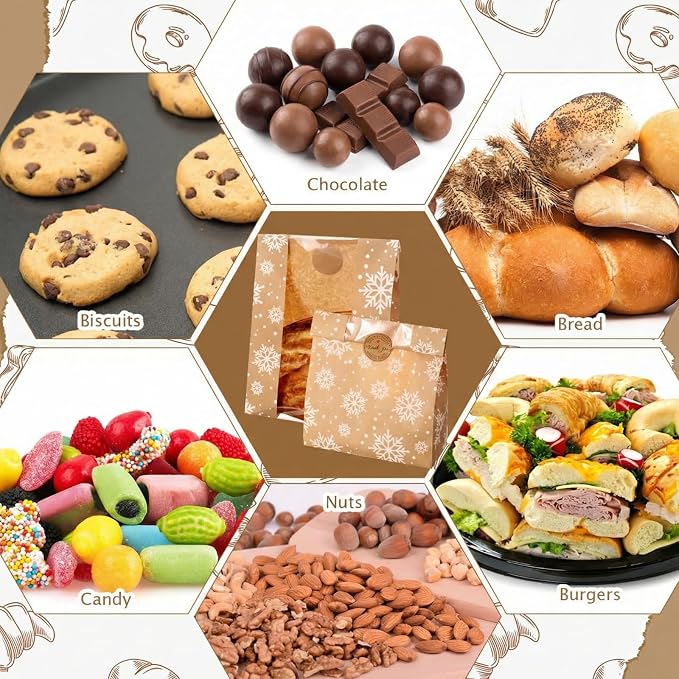 Feifeiya 100 Pack Kraft Paper Bread Bags for Homemade Sourdough Bread with Window & Stickers, 13.7x8.3 Large Bakery Bags for Loaves Greaseproof Food Packaging for Baking Gifts, Brown(Snowflake) - Image 6