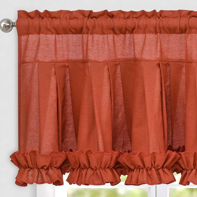 Likiyol Linen Valances for Windows Farmhouse Window Valances with Ruffle Rustic Country Light Filtering Kitchen Valance Curtains Rod Pocket Valance for Bathroom Cafe, Orange, 52" W X 18" L - Image 7