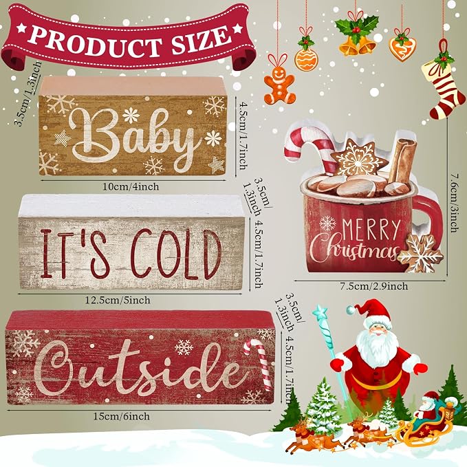 Moucuny 4 Pcs Christmas Table Decor Wooden Hot Cocoa Decoration Christmas Centerpiece Winter Tiered Tray Decor Decorative Red Hot Cocoa Block Signs Gift Farmhouse Xmas Decoration for Home Kitchen - Image 2