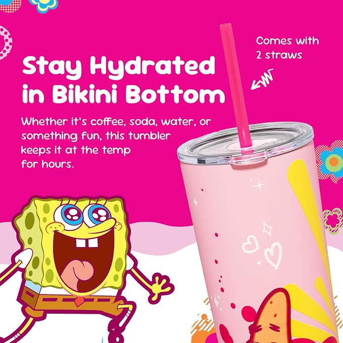 Dragon Glassware x SpongeBob SquarePants Tumbler with Straw, 24 oz - Pink | Vacuum Insulated Stainless Steel Tumbler with Straw & Lid; Double Walled Tumbler with Straw; SpongeBob SquarePants Cup - Image 4