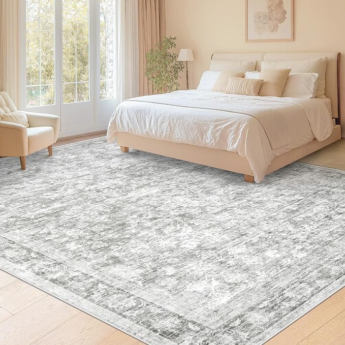 8x10 Area Rugs for Living Room: Washable Large Vintage Floral Rug Low Pile Non-Slip Boho Carpet for Bedroom Dining Home Office (Grey, 8'x10') - Image 4