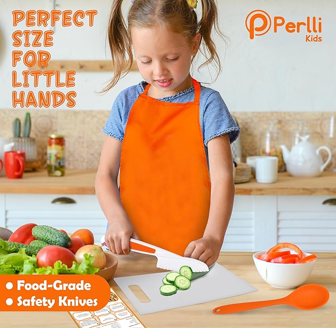 PERLLI Kids Real Cooking Set for Cooking and Baking – 31 Pc. Gift for Junior Chef with Real Utensils, Case & Safe Kids Knife Set for Boys & Girls – Fine Motor Skills & Fun for Children Ages 6+, Orange