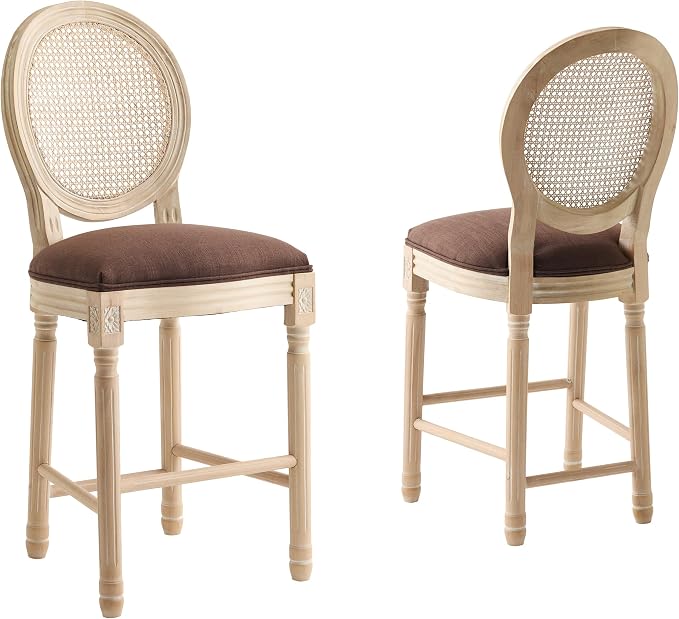 French Country Barstool, Linen Farmhouse Counter Height Chair | Set of 2, with Rattan Round Back and Solid Wood Legs, Oval Chairs for Restaurant, Bar, Kitchen, Café, Brown by RCDDFurniture