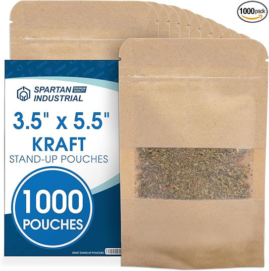 3.5" X 5.5" Kraft Resealable Stand-Up Pouches - Pack of 1000 | Small Storage Bags for Smell-Proof Food Storage and Packaging, Pet Treats, Cosmetics, and More - Spartan Industrial by SpartanIndustrial
