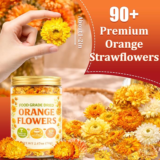 90+ Edible Dried Flowers for Cake Decorations, 100% Natural Dried Strawflowers Orange & Yellow for Cocktails Garnish, Drink Botanicals and Baking - Image 2