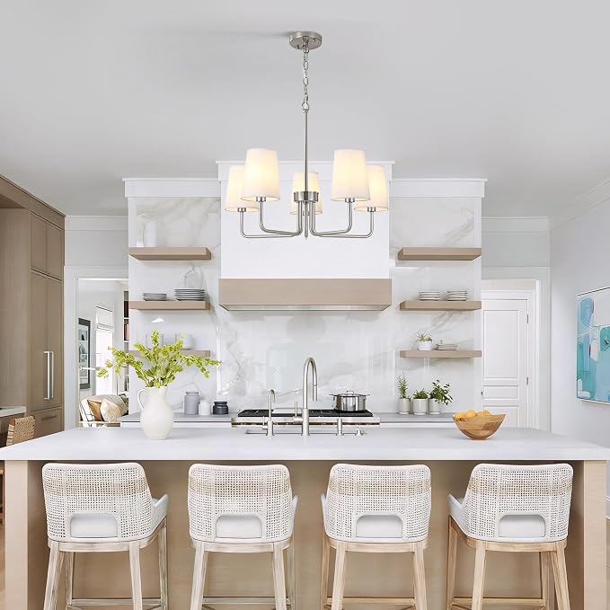 Modern Brushed Nickel 5-Light Chandelier, Farmhouse Industrial Dining Room Light Fixture Over Table with White Fabric Shade, Hanging Pendant Lighting for Kitchen Island Bedroom Living Room Entryway - Image 2