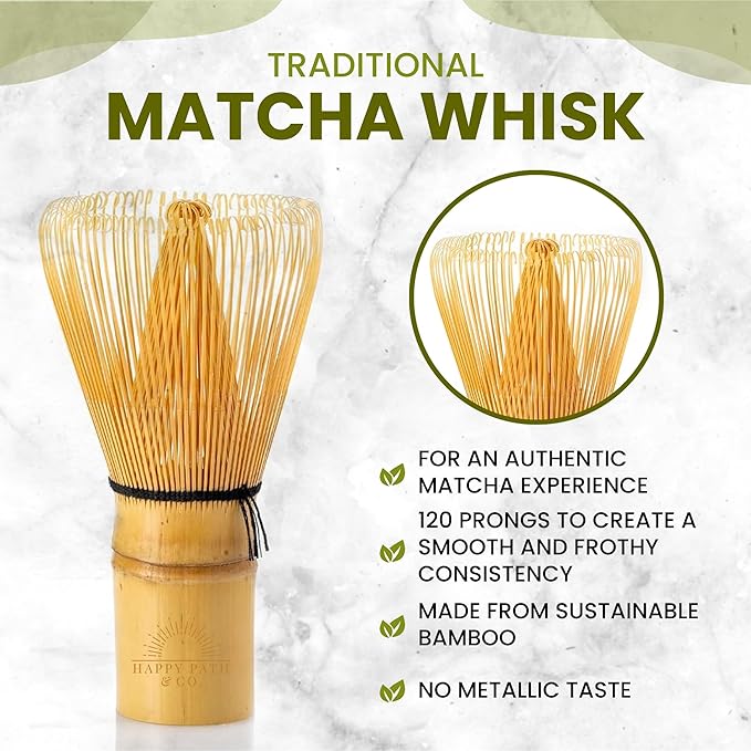 HAPPY PATH & CO Matcha Whisk Set – 6 Pcs Matcha Tea Set Includes Bamboo Whisk(Chasen) with Holder, Bowl with Spout,Sifter,Scoop & Stand | White Matcha Making Kit - Perfect Matcha Set for Matcha Lovers
