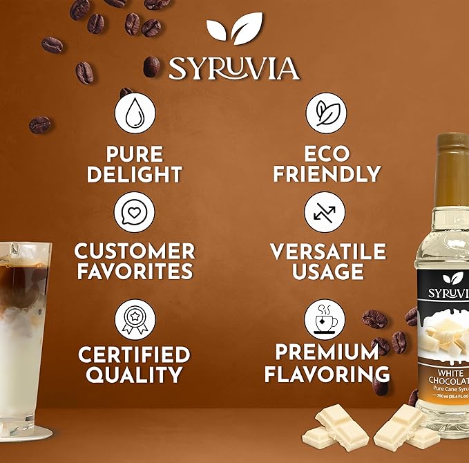 Syruvia Coffee Syrup, White Chocolate Flavored Syrup for Drinks, Lattes, and Desserts – 25.4 fl oz