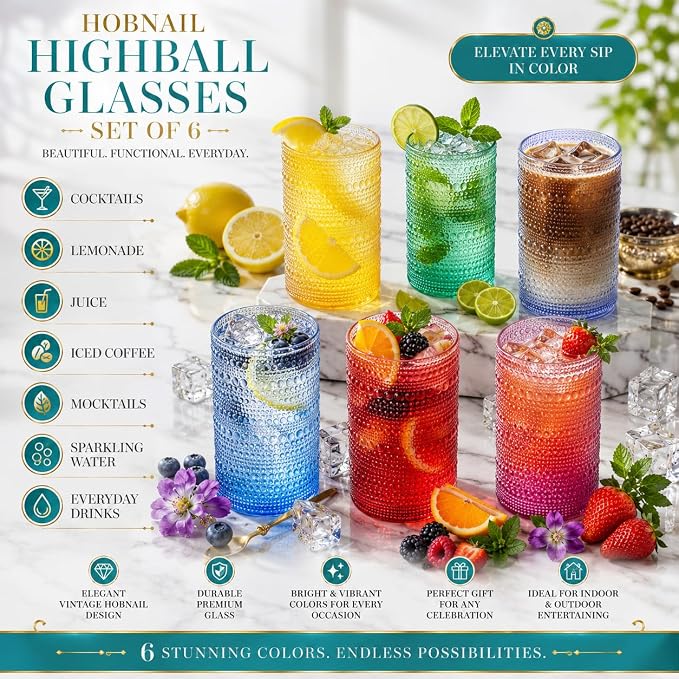 Khen Plastic Hobnail Drinking Highball Glasses Set of 6 Bright Tones Cups 14oz, Shatterproof & Unbreakable Acrylic Beaded Design, BPA-Free, Dishwasher Safe Indoor/Outdoor Drinkware Water, Cocktails - Image 3