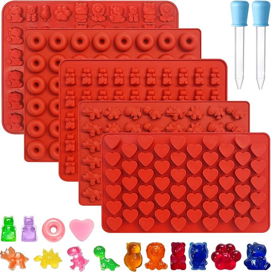 Gummy Bear Mold Silicone for Gummies Candy,5Pcs Safari Jungle Theme Gummy and Chocolate Molds Silicone for Kids Including Mini Bear, Dinosaur, Lion, Tiger, Cat, Rhinoceros, Groundhog, Hearts