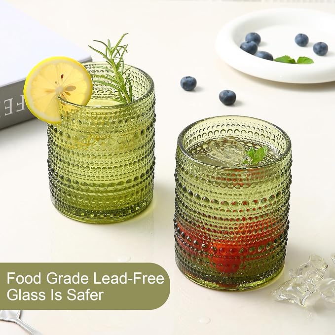 ZMOWIPDL Drinking Glasses Set of 6,12oz Green Hobnail Glass Cups | Vintage Glassware，Embossed Water Tumbler,for Beer,Cocktail,Whiskey,Juice and Various Mixed Drinks- 1 Cleaning Brush - Image 4