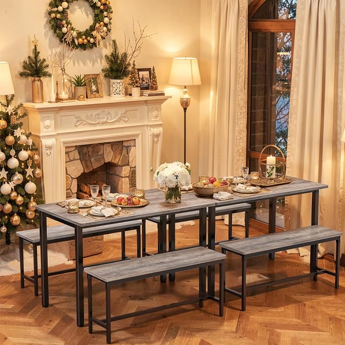 Dining Table Set for 4, Kitchen Table with 2 Benchs, Grey | Modern Functional 3 Piece Space-Saving Dining Room Table Set for Apartment, Breakfast Nook, Small Space - Image 9