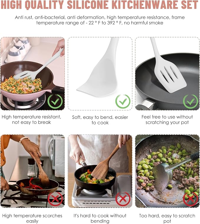 White Kitchen Utensils Set-12 Pieces Silicone Cooking Utensils Set | Dishwasher Safe 392°F Heat Resistant Spatula Set Kitchen Utensil Set for Nonstick Cookware,Best Kitchen Tools with Holder - Image 3