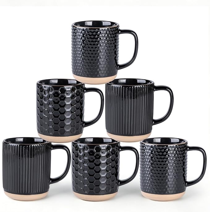 GBhome Large Coffee Mugs Set of 6, 16oz Handmade Stoneware Coffee Mugs Set with Large Handle for Cappuccino/Latte/Tea/Hot Cocoa, Dishwasher & Microwave Safe, Black by GBhome