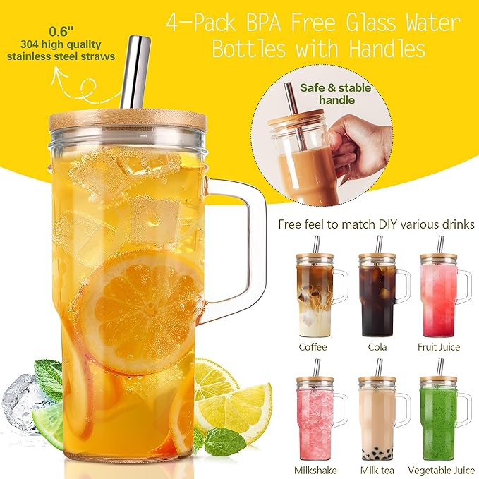 4Pack 24oz Glass Tumbler Cup with Bamboo Handle Lids and Straws, Mason Jars with Wide Mouth Iced Coffee Cup Reusable Drinking Glasses Travel Mug for Smoothie Beer Juice Tea