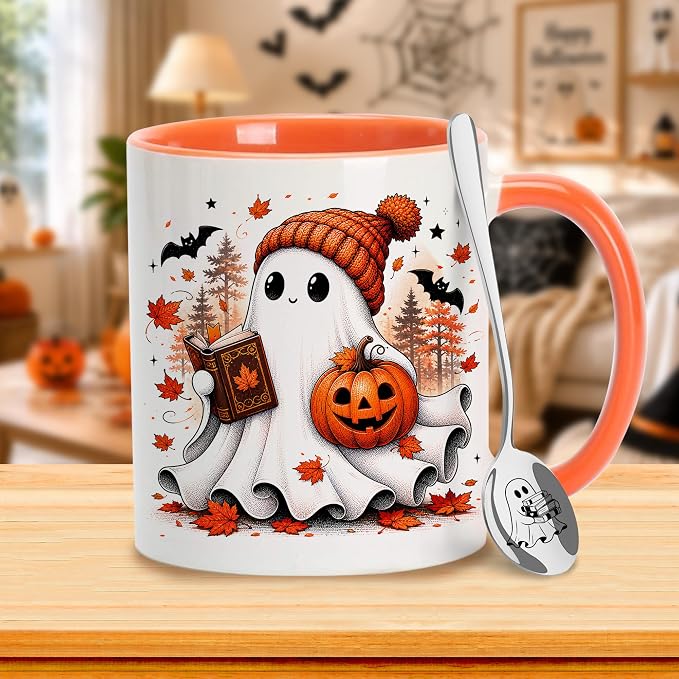 Hyturtle Fall Ghost Coffee Mug with Spoon Gifts for Book Lover on Halloween | Spooky Reading Themed Gifts for Readers, Fall Halloween Decor, Double-sided print 11oz ceramic mug, Comfort grip handle - Image 2