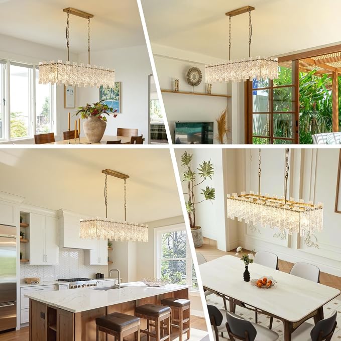 L39 inch Gold Rectangle Crystal Chandelier, Modern Rectangular Water Ripple Glass Dining Room Chandeliers Light Fixture, 6-Lights Hanging Pendant Light for Kitchen Island, Living Room - Image 8