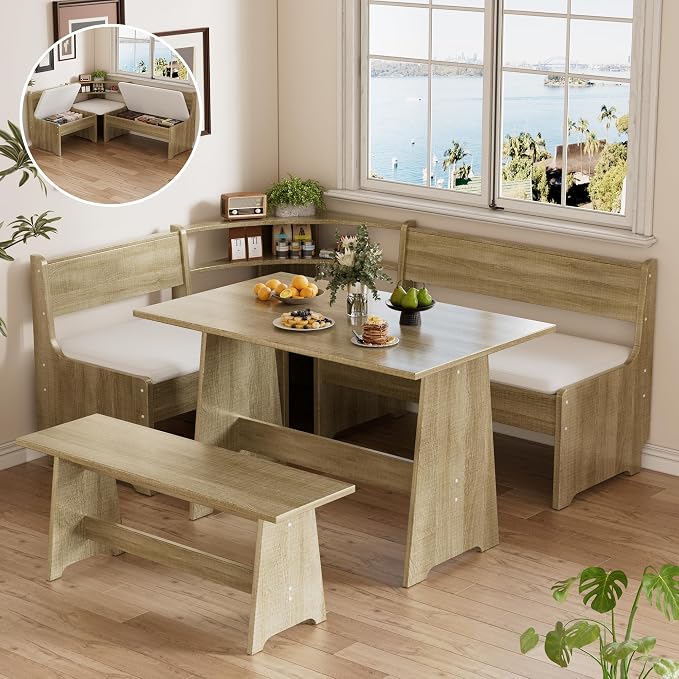 PAKASEPT Corner Breakfast Nook Table Set Kitchen Bench with Soft Cushion | Farmhouse Wood Dining Set,Reversible L-Shaped Corner Bench,Lift-Top Hidden Storage,Soft Padded Cushions,Space-Saving Design by PAKASEPT