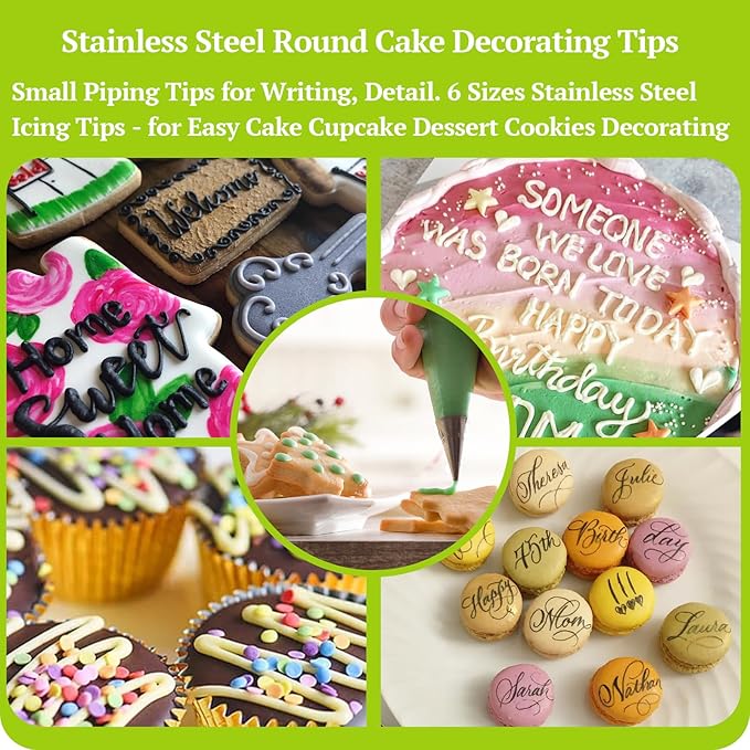 Suuker 6 Pieces Round Piping Tips Set, Stainless Steel Icing Tips Cupcake Frosting Nozzles Small Cake Decorating Tip, Cake Writing Tool for Easy Cake Cupcake Dessert Cookies Decorating